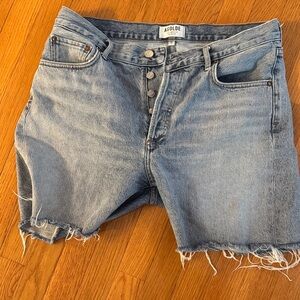 Agolde Light Blue Frayed Denim Shorts